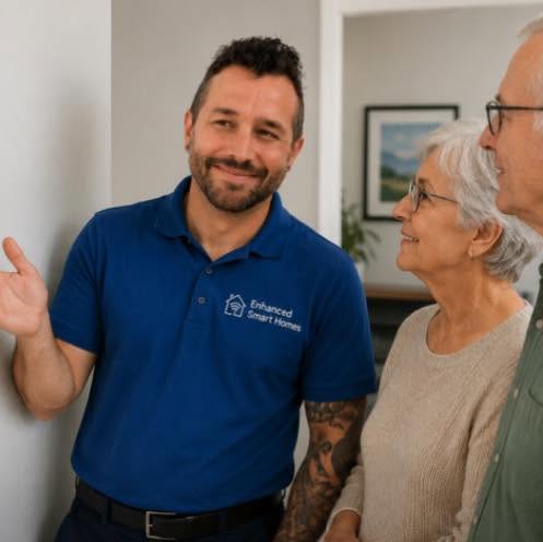 Enhanced Smart Homes technician walking homeowners through their new smart home system