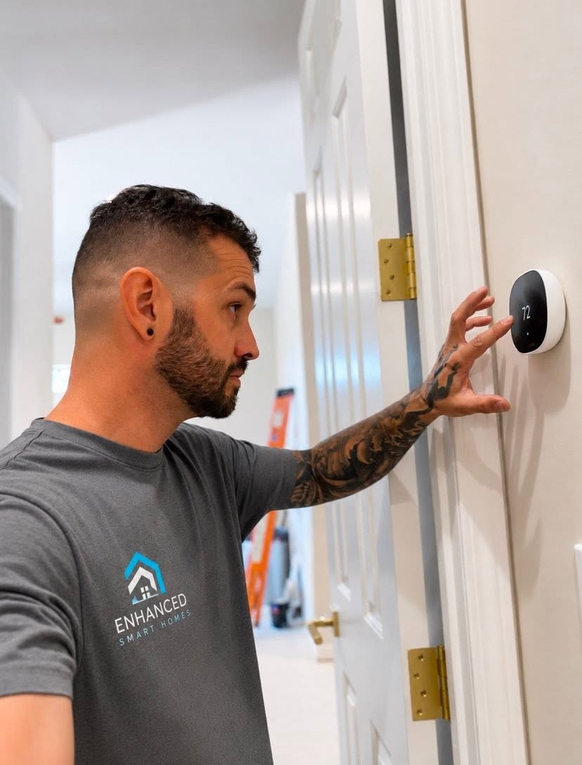 Technician installing smart thermostat